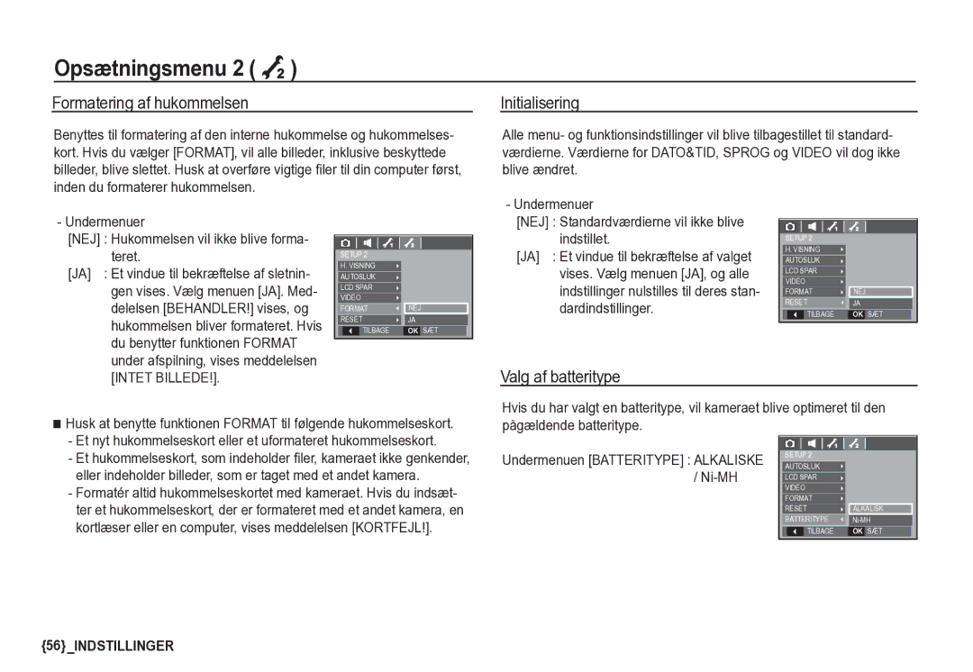 Samsung EC-S85ZZSBA/E2, EC-S85ZZBBA/E2 manual Formatering af hukommelsen, Initialisering, Valg af batteritype, Intet Billede 