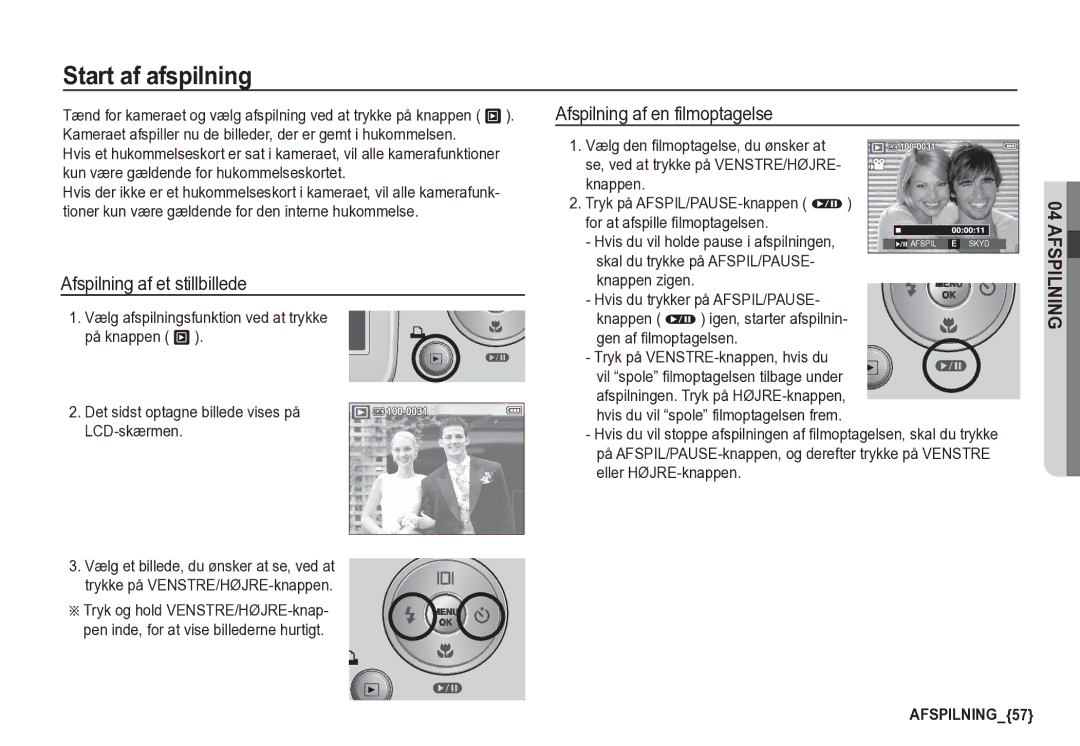 Samsung EC-S85ZZBBA/E2, EC-S85ZZSBA/E2 Start af afspilning, Afspilning af et stillbillede, Afspilning af en filmoptagelse 