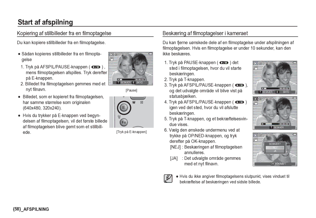 Samsung EC-S85ZZSBA/E2 manual Kopiering af stillbilleder fra en filmoptagelse, Beskæring af filmoptagelser i kameraet 