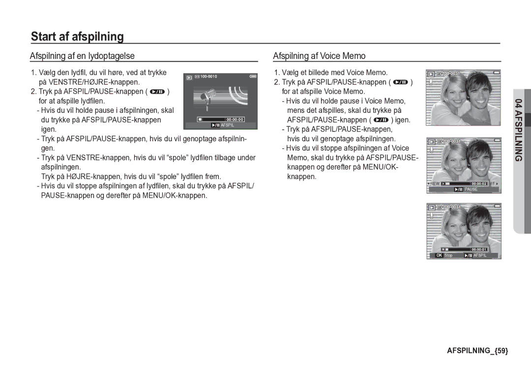 Samsung EC-S85ZZBBA/E2, EC-S85ZZSBA/E2 manual Afspilning af en lydoptagelse, Afspilning af Voice Memo, Igen 