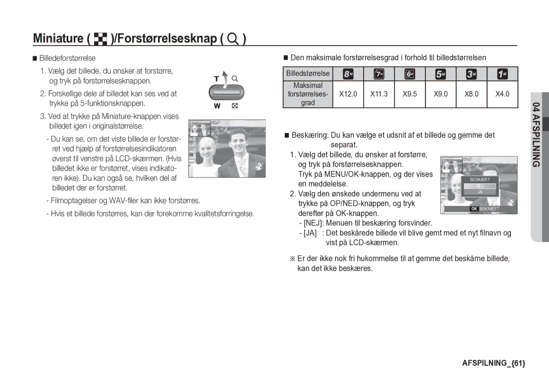 Samsung EC-S85ZZBBA/E2, EC-S85ZZSBA/E2 manual Miniature º/Forstørrelsesknap í, Billedeforstørrelse 