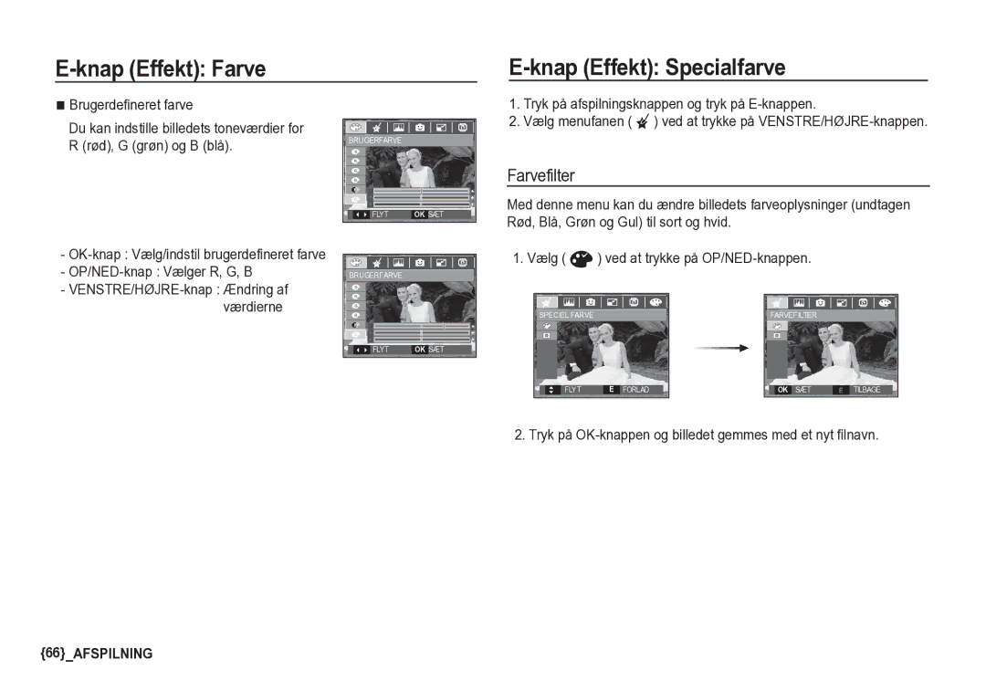 Samsung EC-S85ZZSBA/E2, EC-S85ZZBBA/E2 manual Knap Effekt Specialfarve, Farvefilter 