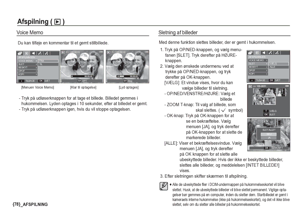 Samsung EC-S85ZZSBA/E2, EC-S85ZZBBA/E2 manual Afspilning ø, Voice Memo, Sletning af billeder 