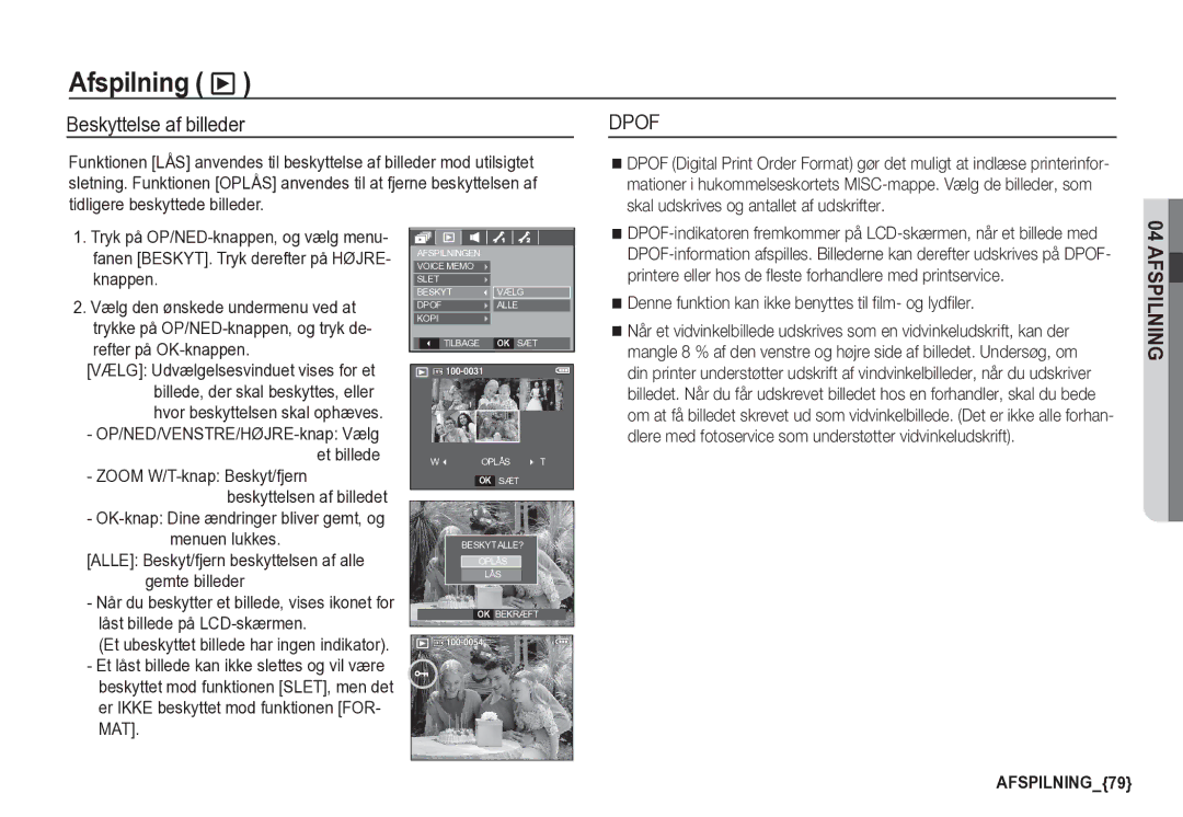 Samsung EC-S85ZZBBA/E2, EC-S85ZZSBA/E2 Beskyttelse af billeder, Denne funktion kan ikke benyttes til film- og lydfiler 