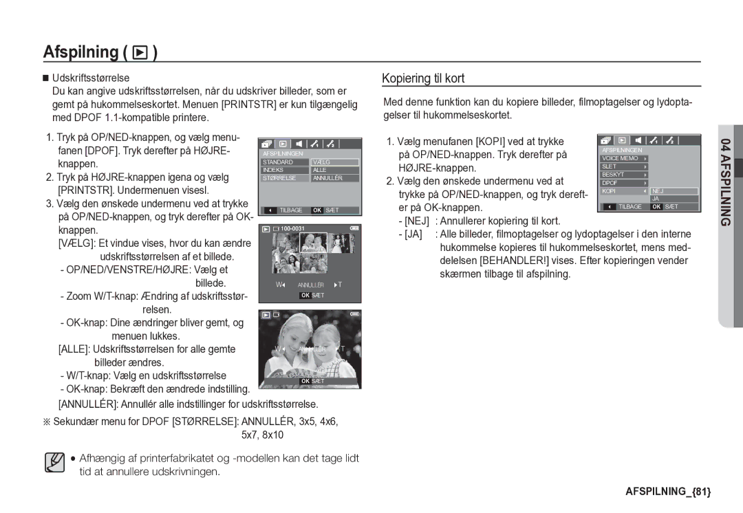 Samsung EC-S85ZZBBA/E2 manual Kopiering til kort, Skærmen tilbage til afspilning, OK-knap Bekræft den ændrede indstilling 