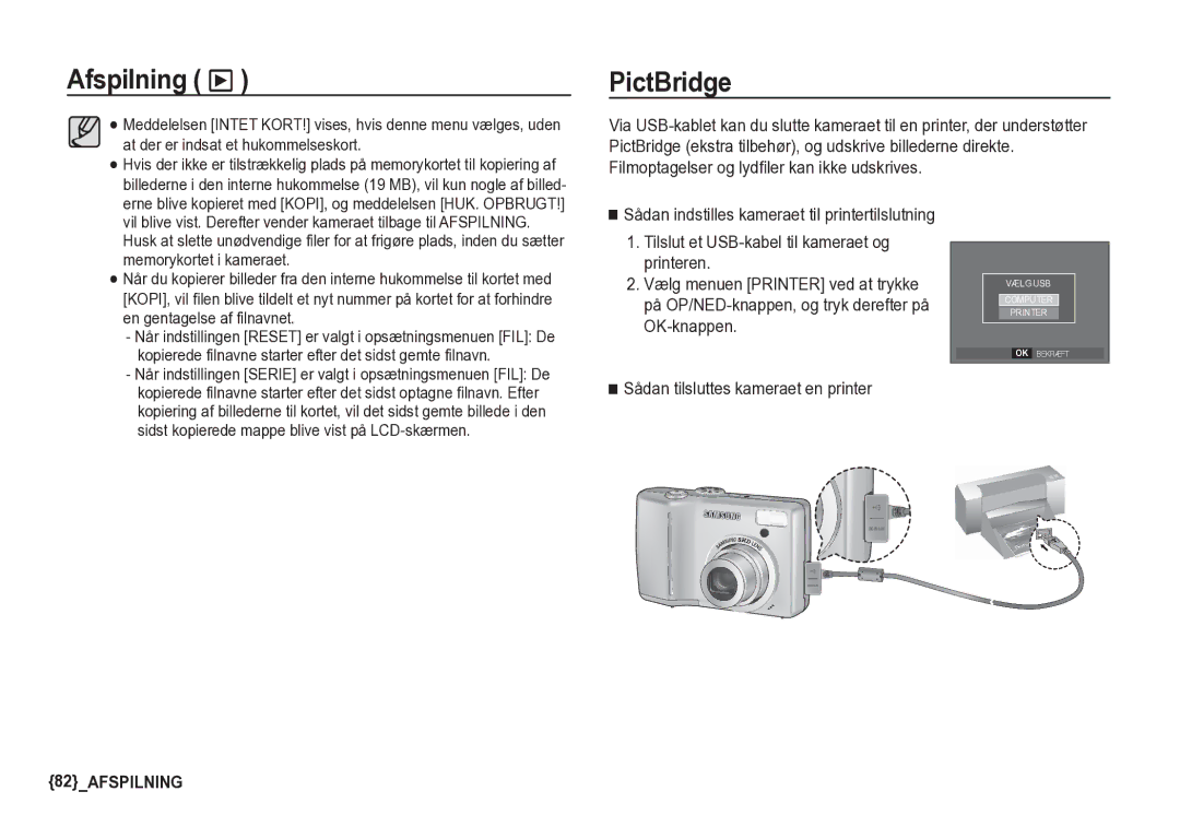 Samsung EC-S85ZZSBA/E2 PictBridge, Sådan tilsluttes kameraet en printer, Sidst kopierede mappe blive vist på LCD-skærmen 