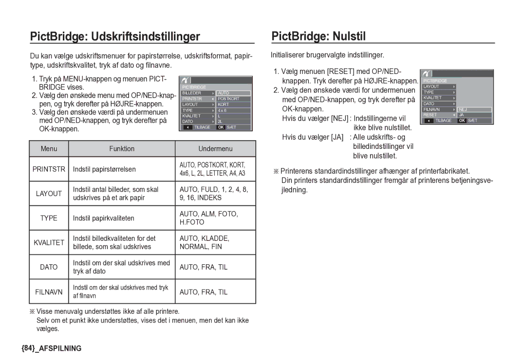 Samsung EC-S85ZZSBA/E2 manual PictBridge Udskriftsindstillinger, PictBridge Nulstil, Hvis du vælger JA Alle udskrifts- og 