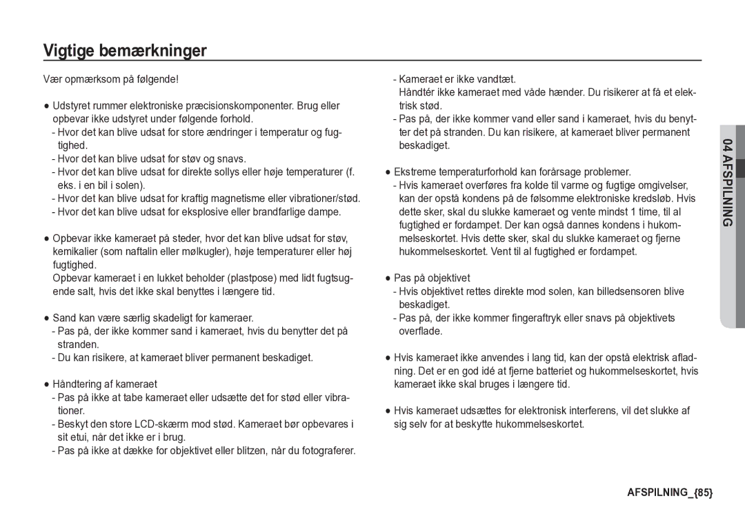 Samsung EC-S85ZZBBA/E2, EC-S85ZZSBA/E2 manual Vigtige bemærkninger 