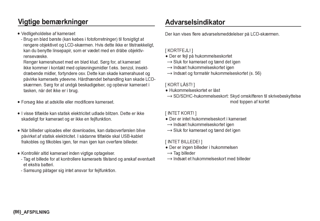 Samsung EC-S85ZZSBA/E2 Forsøg ikke at adskille eller modificere kameraet, Kortfejl, Indsæt og formatér hukommelseskortet s 