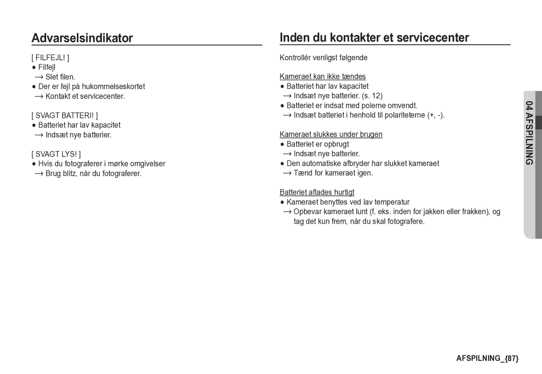 Samsung EC-S85ZZBBA/E2, EC-S85ZZSBA/E2 manual Inden du kontakter et servicecenter, Filfejl, Svagt Batteri, Svagt LYS 