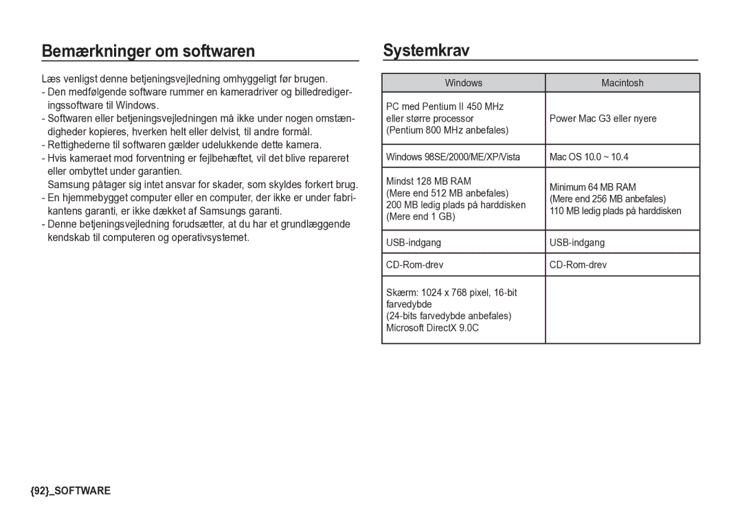 Samsung EC-S85ZZSBA/E2, EC-S85ZZBBA/E2 Bemærkninger om softwaren, Systemkrav, Mere end 1 GB, MB ledig plads på harddisken 