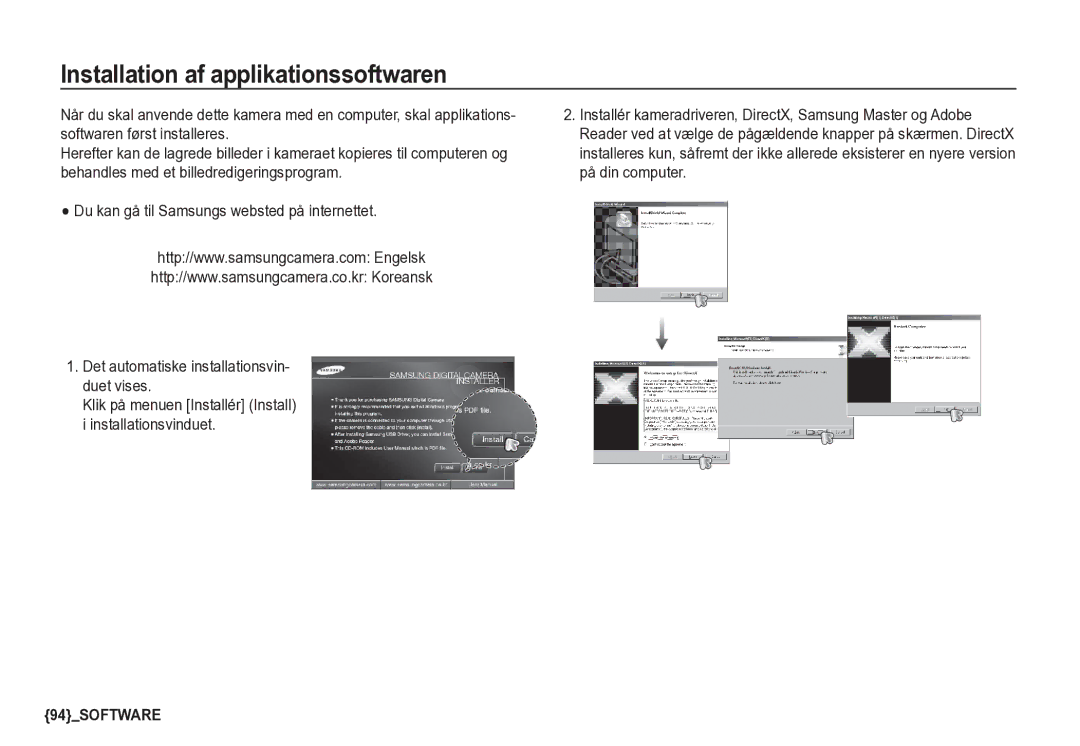 Samsung EC-S85ZZSBA/E2, EC-S85ZZBBA/E2 manual Installation af applikationssoftwaren 