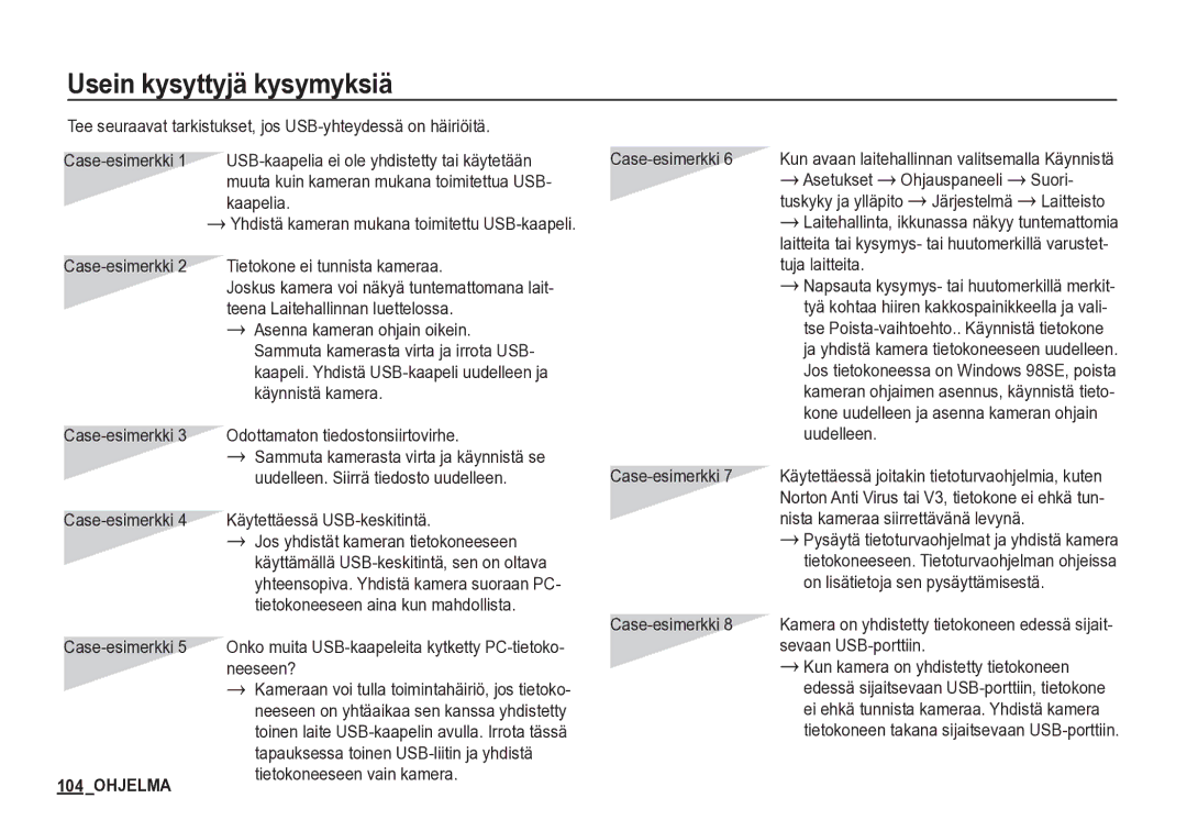 Samsung EC-S85ZZSBA/E2, EC-S85ZZBBA/E2 manual Usein kysyttyjä kysymyksiä, Case-esimerkki 4 Käytettäessä USB-keskitintä 