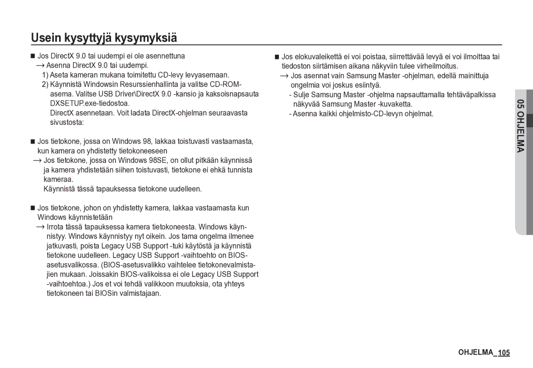 Samsung EC-S85ZZBBA/E2, EC-S85ZZSBA/E2 manual OHJELMA105 