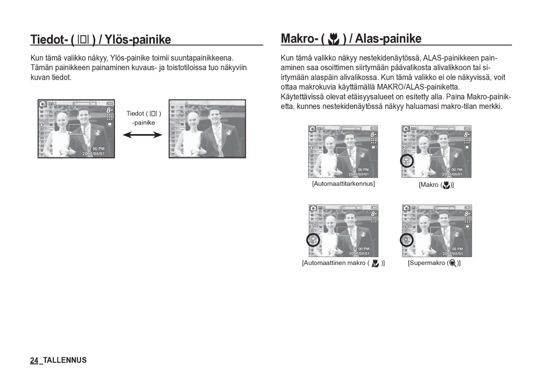 Samsung EC-S85ZZSBA/E2, EC-S85ZZBBA/E2 manual Tiedot- î / Ylös-painike, Makro- e / Alas-painike 