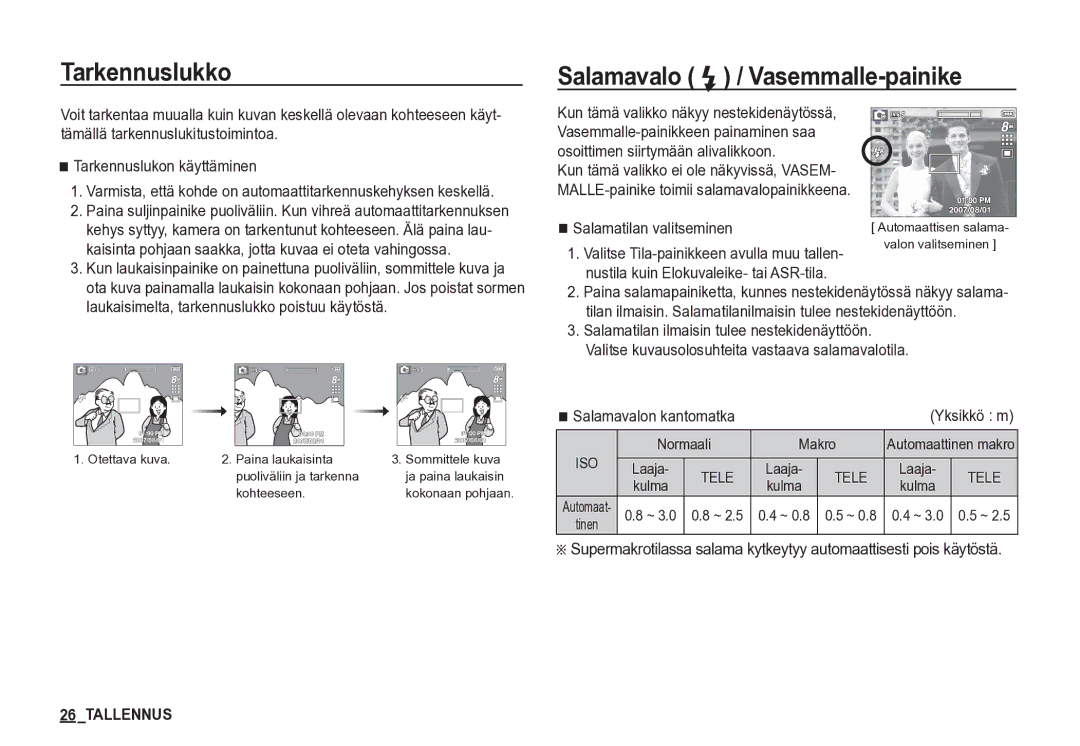 Samsung EC-S85ZZSBA/E2, EC-S85ZZBBA/E2 manual Tarkennuslukko, Salamavalo / Vasemmalle-painike, Salamatilan valitseminen 