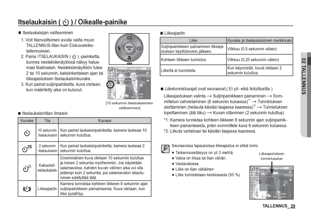 Samsung EC-S85ZZBBA/E2 manual Itselaukaisintilan ilmaisin, Liikeajastin, Liikeajastuksen valinta, Som, Tunnistuksen 