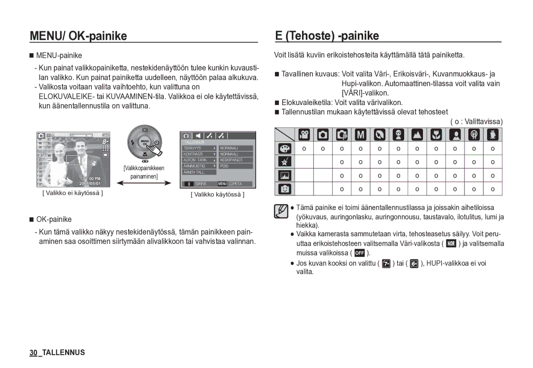 Samsung EC-S85ZZSBA/E2, EC-S85ZZBBA/E2 manual MENU/ OK-painike, Tehoste -painike, MENU-painike 