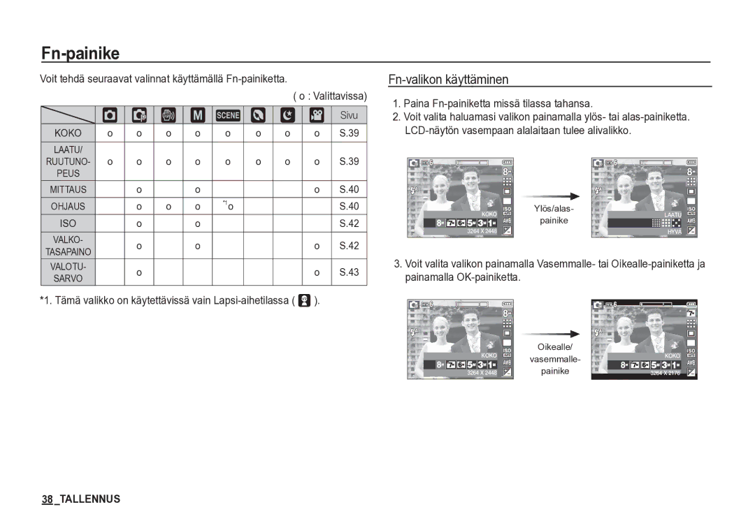 Samsung EC-S85ZZSBA/E2, EC-S85ZZBBA/E2 manual ‰ ‚ ³, Fn-valikon käyttäminen, Paina Fn-painiketta missä tilassa tahansa 