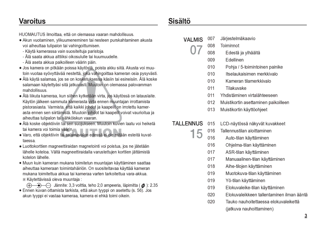 Samsung EC-S85ZZBBA/E2, EC-S85ZZSBA/E2 manual Sisältö, Jatkuva nauhoittaminen, Käytettävissä oleva muuntaja 