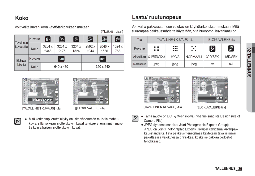 Samsung EC-S85ZZBBA/E2, EC-S85ZZSBA/E2 manual Koko, Laatu/ ruutunopeus, Voit valita kuvan koon käyttötarkoituksen mukaan 