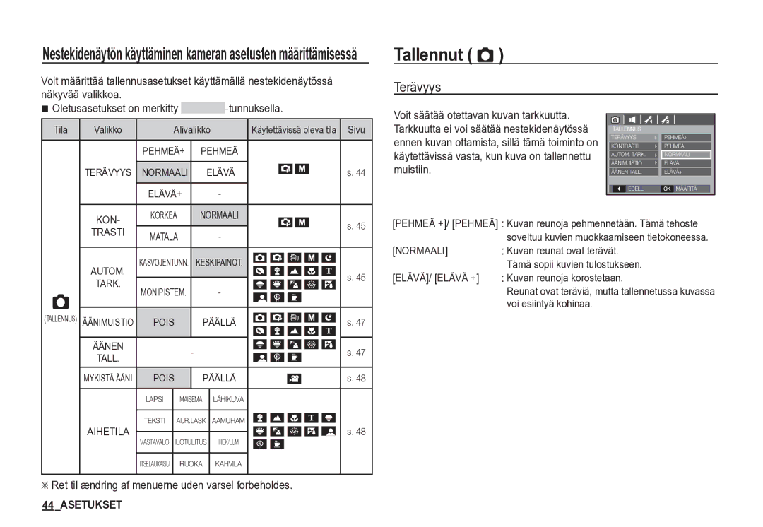 Samsung EC-S85ZZSBA/E2 manual Tallennut Ò, Terävyys, Ret til ændring af menuerne uden varsel forbeholdes, Muistiin 