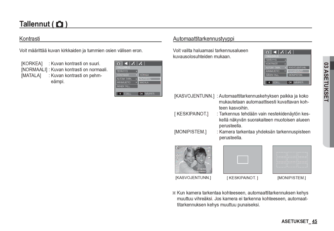 Samsung EC-S85ZZBBA/E2, EC-S85ZZSBA/E2 manual Kontrasti Automaattitarkennustyyppi 