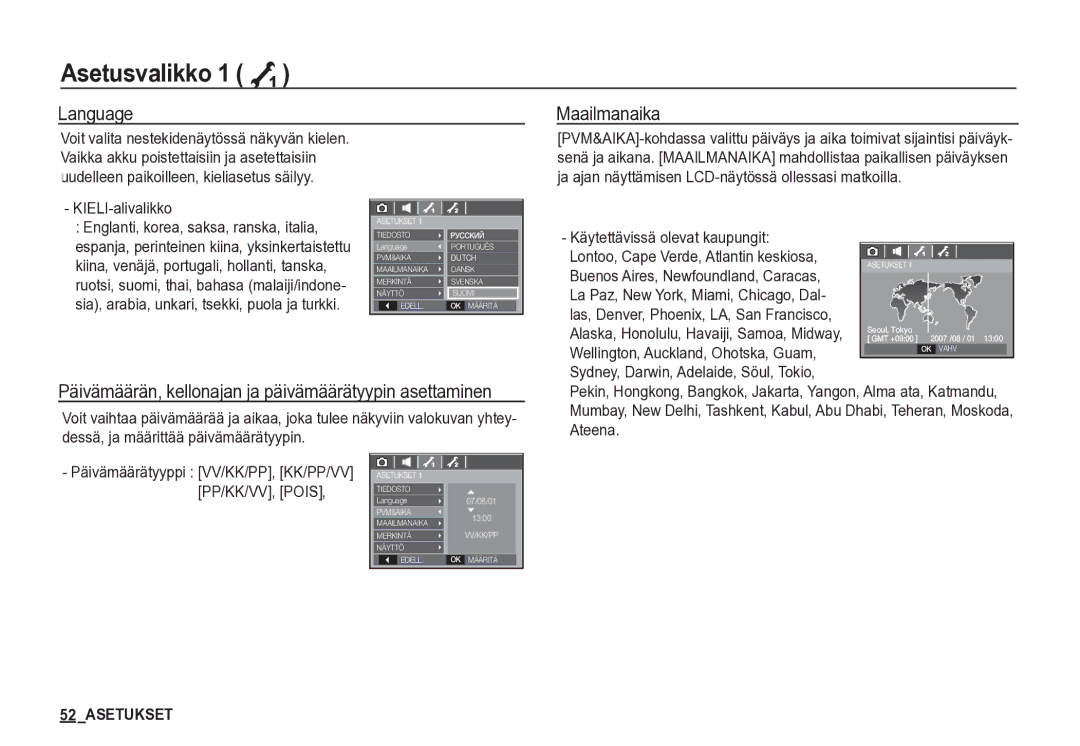 Samsung EC-S85ZZSBA/E2 Language Maailmanaika, Päivämäärän, kellonajan ja päivämäärätyypin asettaminen, KIELI-alivalikko 