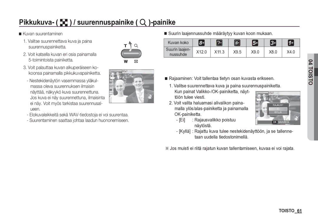 Samsung EC-S85ZZBBA/E2 Pikkukuva- º / suurennuspainike í-painike, Töön tulee viesti, OK-painiketta, Rajausvalikko poistuu 