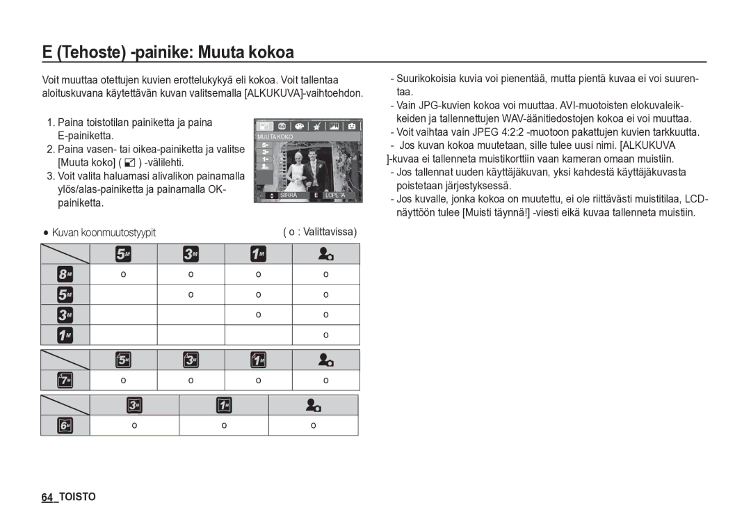 Samsung EC-S85ZZSBA/E2, EC-S85ZZBBA/E2 manual Tehoste -painike Muuta kokoa, Kuvan koonmuutostyypit o Valittavissa 