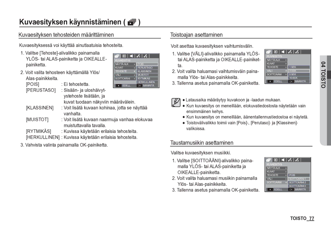 Samsung EC-S85ZZBBA/E2, EC-S85ZZSBA/E2 manual Taustamusiikin asettaminen 