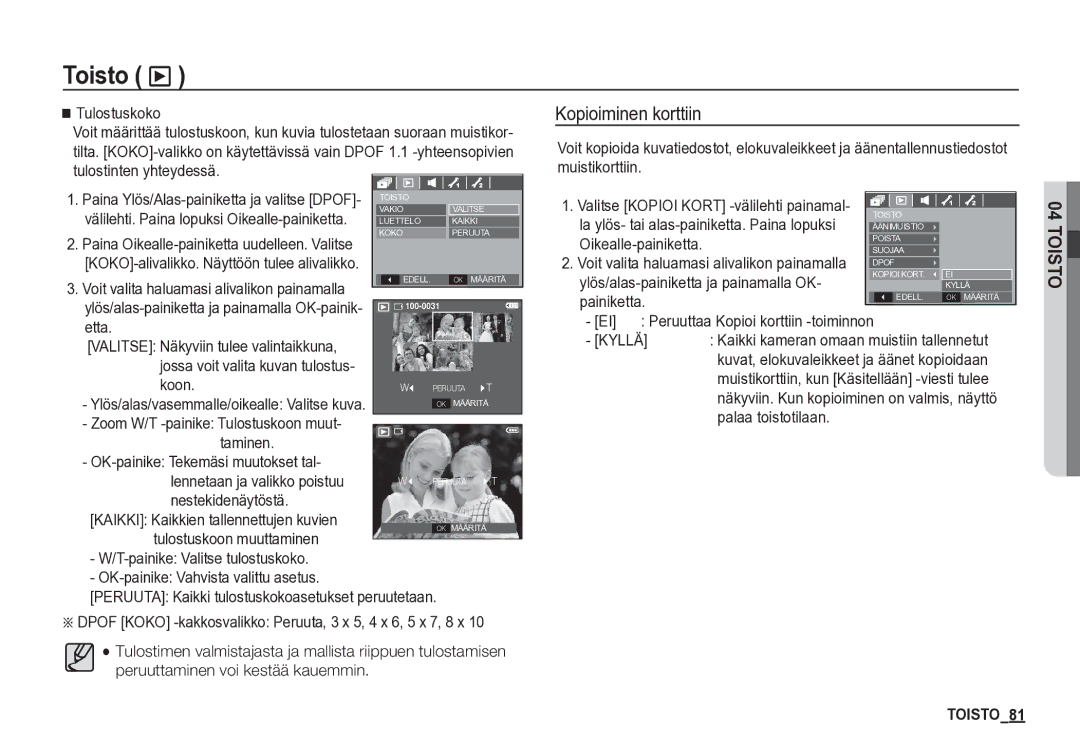 Samsung EC-S85ZZBBA/E2, EC-S85ZZSBA/E2 manual Kopioiminen korttiin 