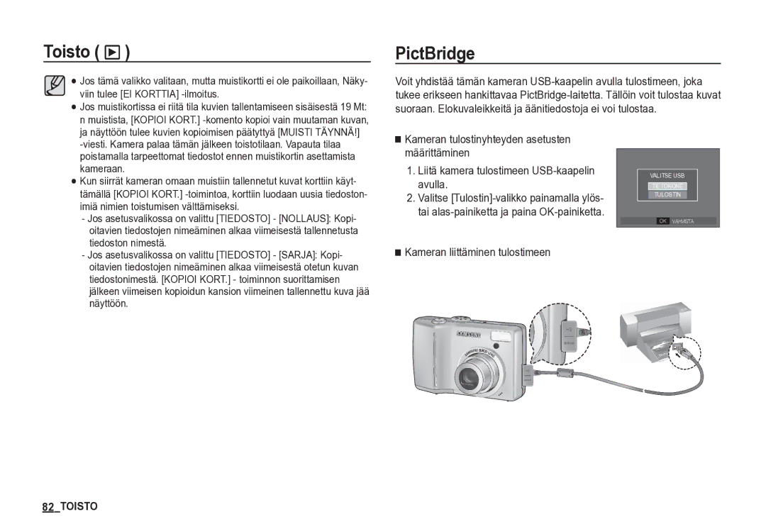 Samsung EC-S85ZZSBA/E2, EC-S85ZZBBA/E2 manual PictBridge, Kameran liittäminen tulostimeen 