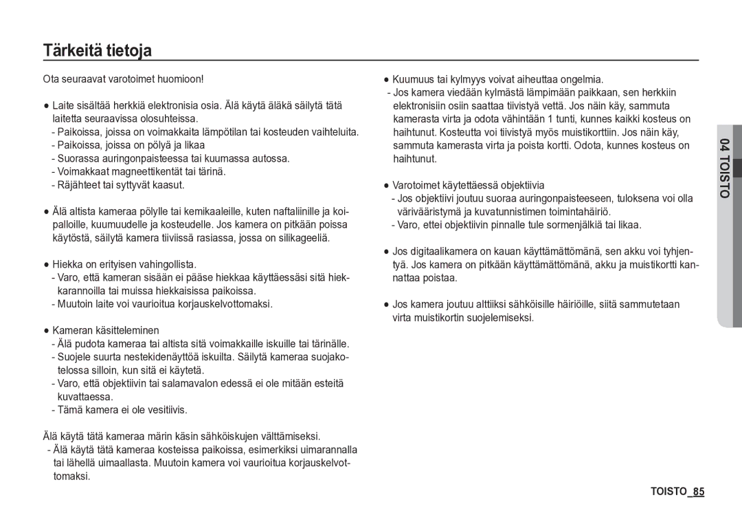 Samsung EC-S85ZZBBA/E2, EC-S85ZZSBA/E2 manual Tärkeitä tietoja 