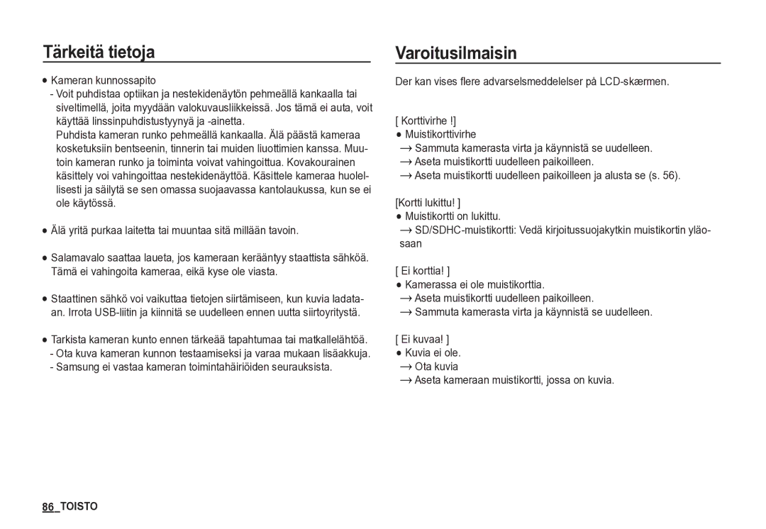 Samsung EC-S85ZZSBA/E2, EC-S85ZZBBA/E2 manual Varoitusilmaisin 