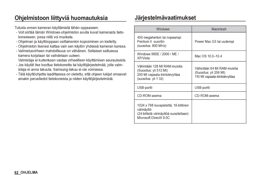 Samsung EC-S85ZZSBA/E2 Ohjelmistoon liittyviä huomautuksia, Järjestelmävaatimukset, Värinäyttö, Microsoft DirectX 9.0C 