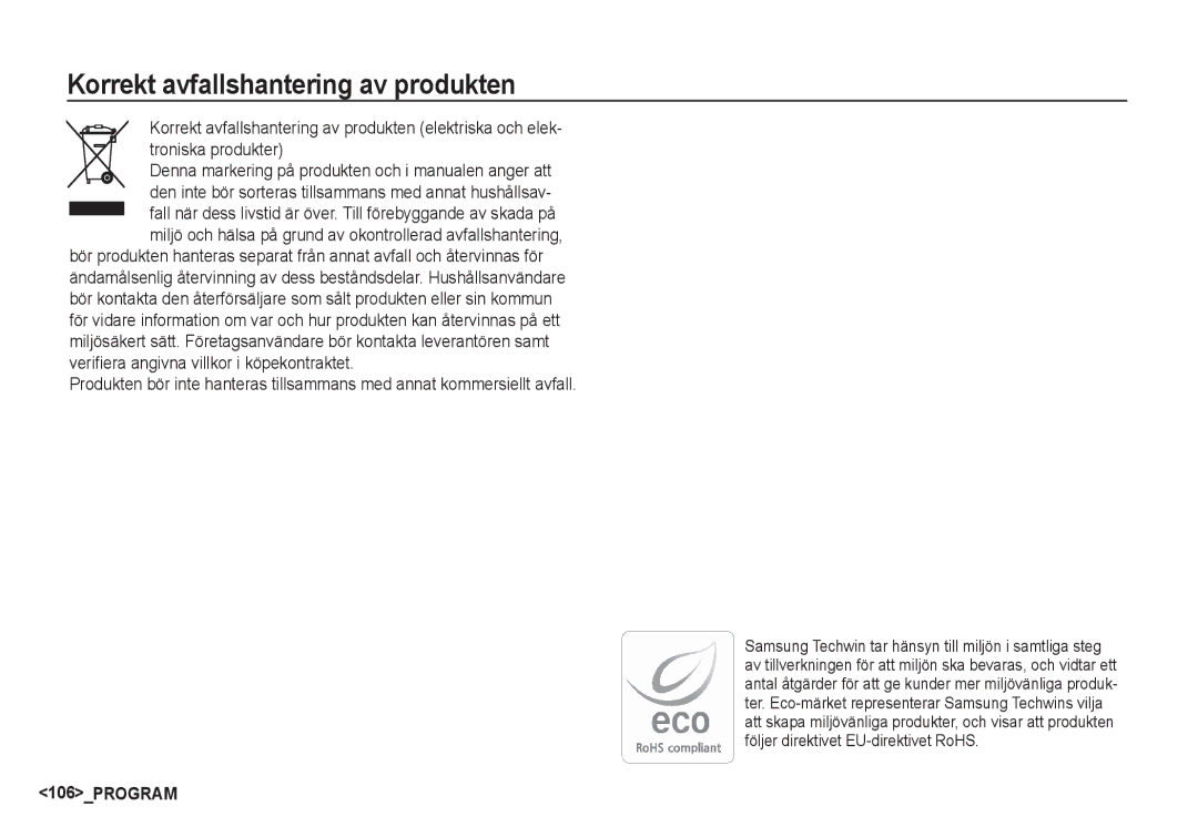 Samsung EC-S85ZZSBA/E2, EC-S85ZZBBA/E2 manual Korrekt avfallshantering av produkten 