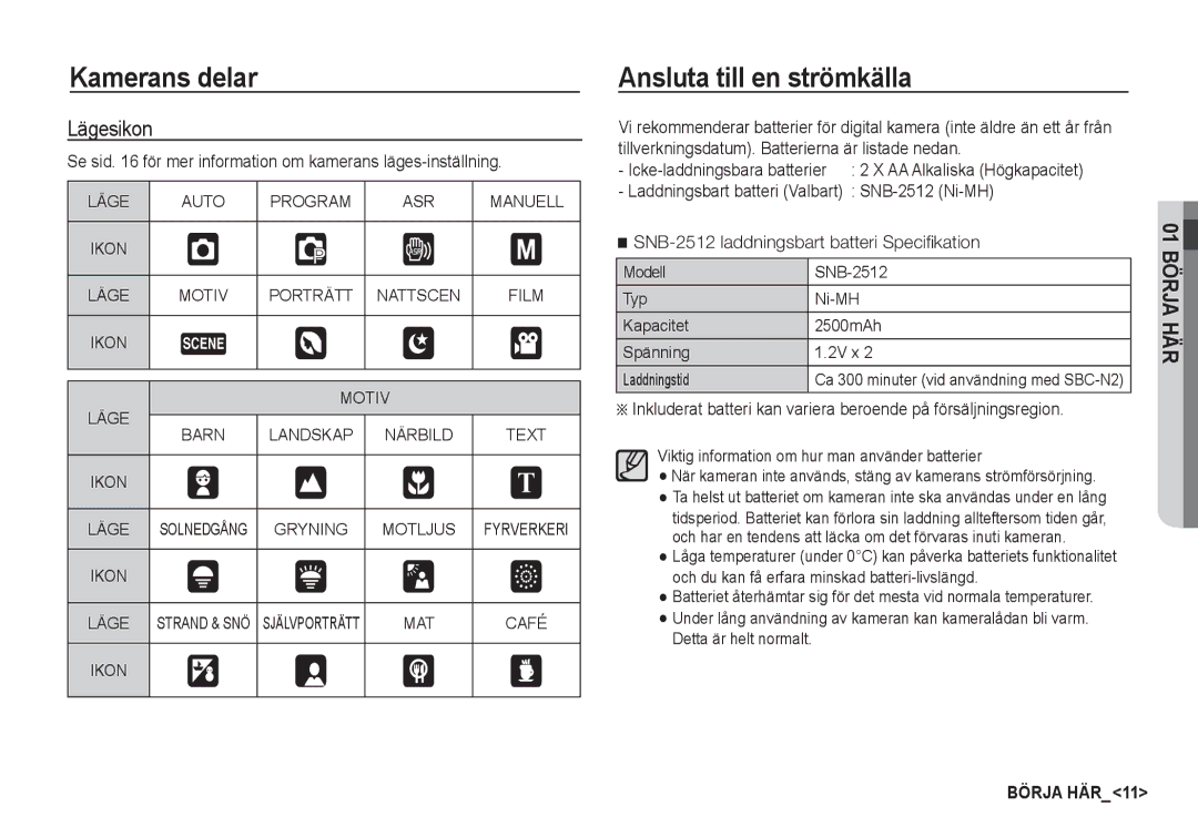 Samsung EC-S85ZZBBA/E2 Ansluta till en strömkälla, Lägesikon, Se sid för mer information om kamerans läges-inställning 