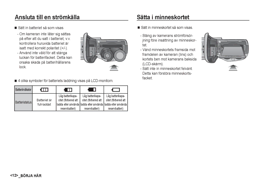 Samsung EC-S85ZZSBA/E2, EC-S85ZZBBA/E2 manual Sätta i minneskortet, Sätt in batteriet så som visas 