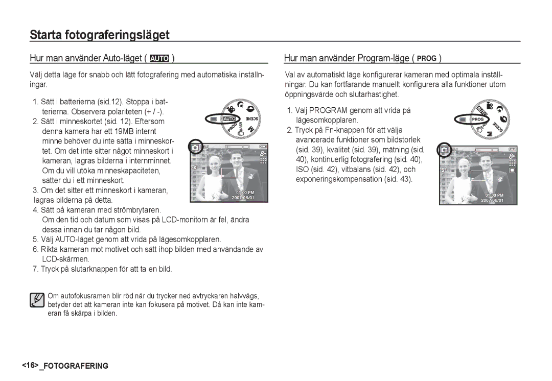 Samsung EC-S85ZZSBA/E2 manual Starta fotograferingsläget, Hur man använder Auto-läget μ, Hur man använder Program-läge ¶ 