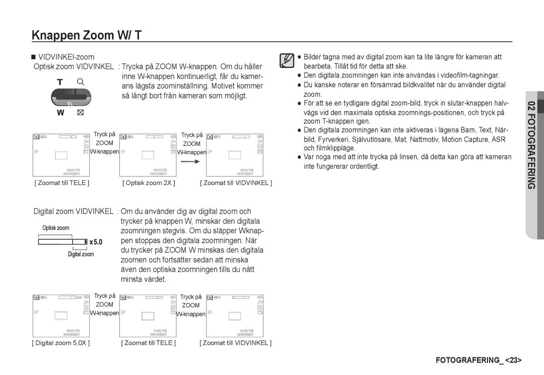 Samsung EC-S85ZZBBA/E2, EC-S85ZZSBA/E2 manual Zoomat till Tele Optisk zoom Zoomat till Vidvinkel 