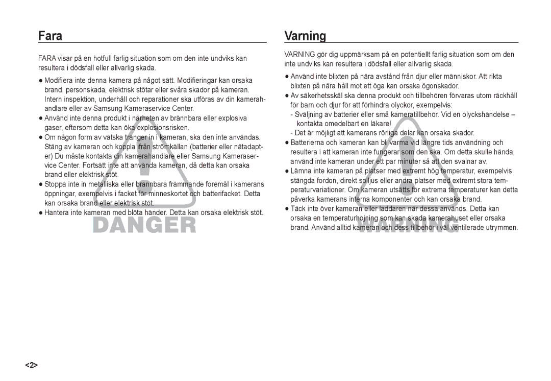 Samsung EC-S85ZZSBA/E2, EC-S85ZZBBA/E2 manual Fara, Varning 