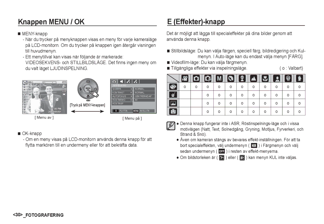 Samsung EC-S85ZZSBA/E2, EC-S85ZZBBA/E2 manual Knappen Menu / OK, Effekter-knapp, OK-knapp 