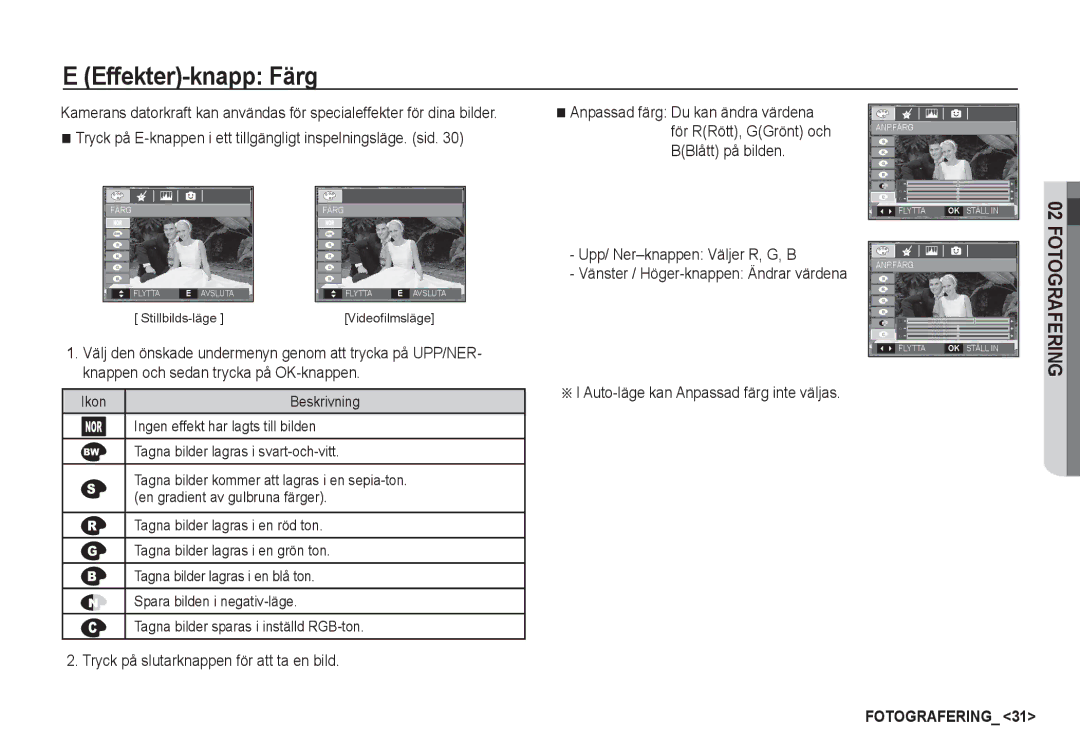 Samsung EC-S85ZZBBA/E2, EC-S85ZZSBA/E2 manual Effekter-knapp Färg, Upp/ Ner-knappen Väljer R, G, B 