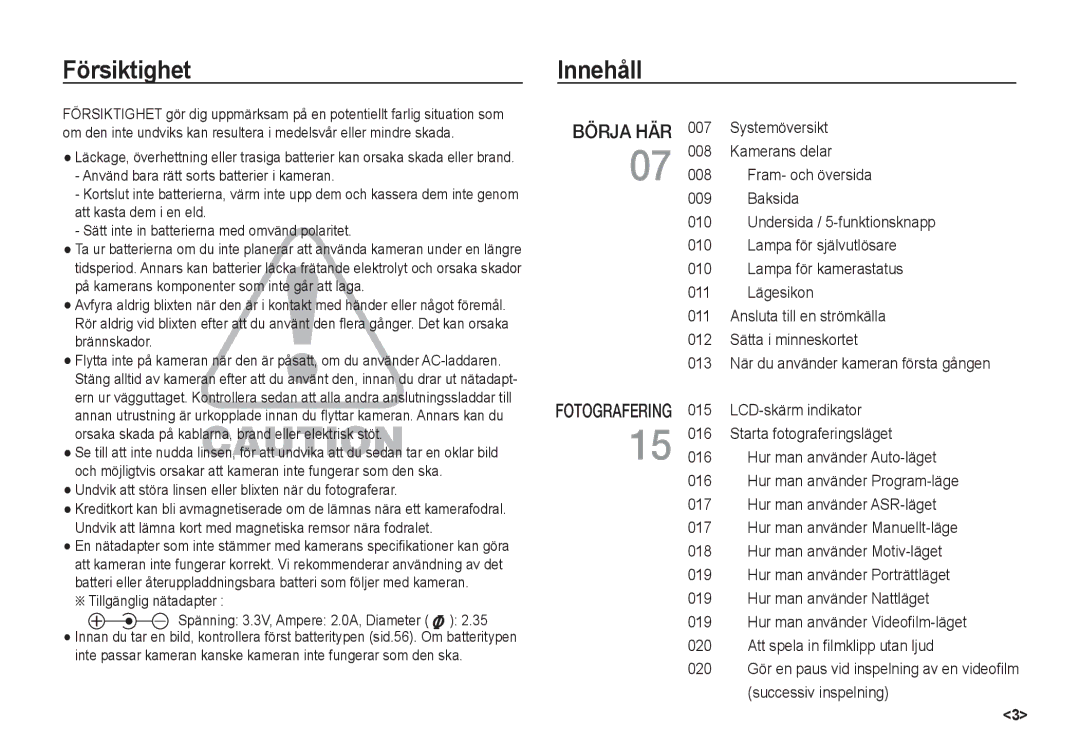 Samsung EC-S85ZZBBA/E2, EC-S85ZZSBA/E2 manual Försiktighet, Innehåll 