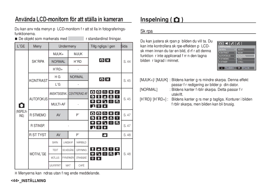 Samsung EC-S85ZZSBA/E2 Inspelning Ò, Skärpa, Menyerna kan ändras utan föregående meddelande, Bilden är lagrad i minnet 