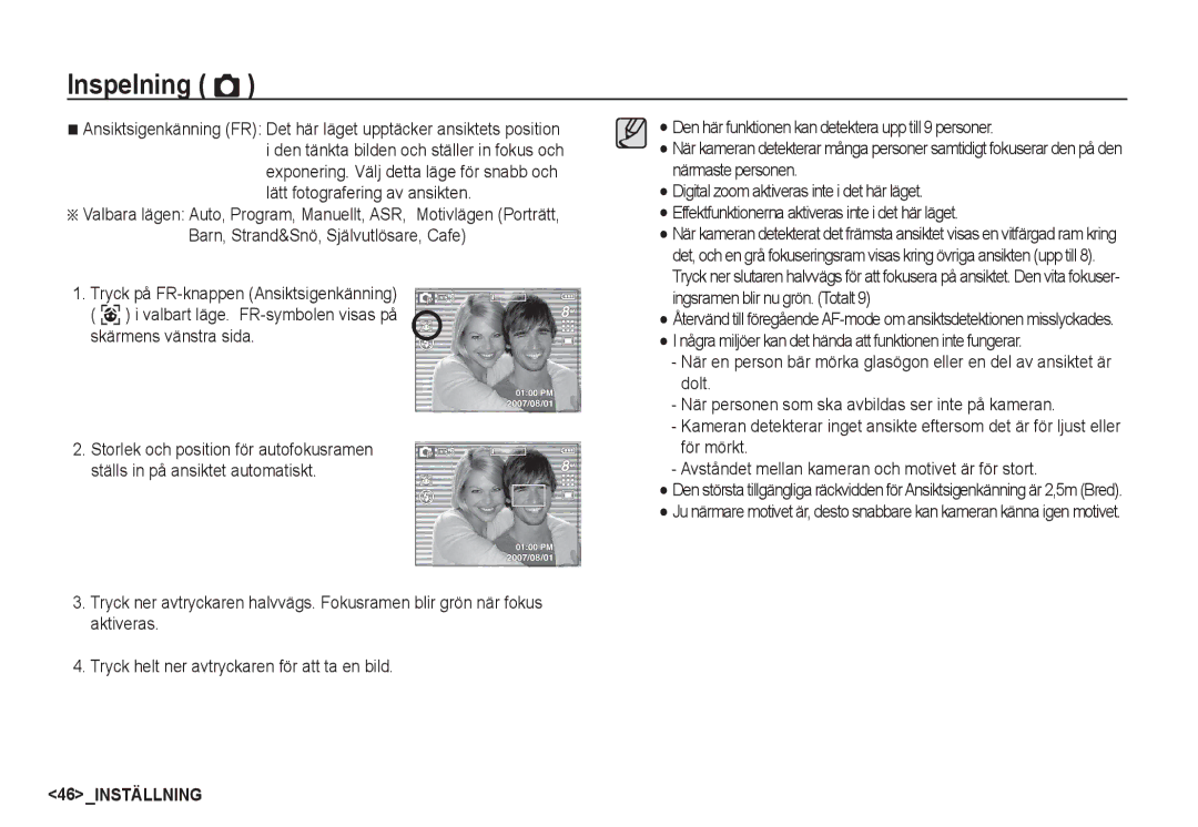 Samsung EC-S85ZZSBA/E2, EC-S85ZZBBA/E2 manual 46INSTÄLLNING 