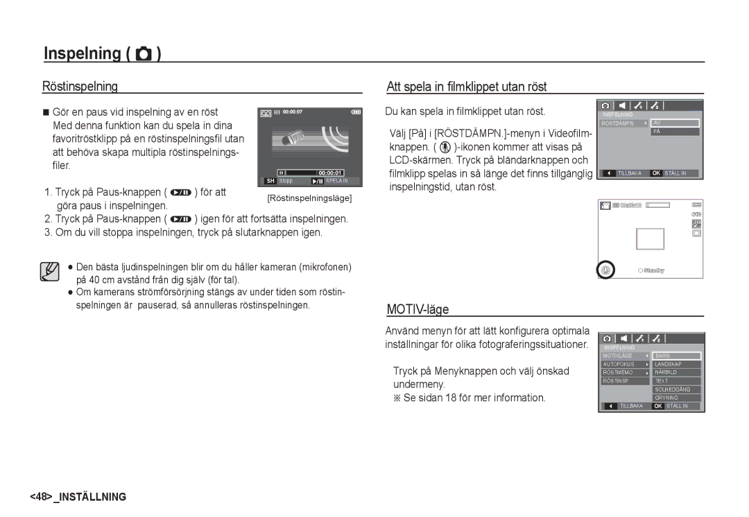 Samsung EC-S85ZZSBA/E2, EC-S85ZZBBA/E2 manual Röstinspelning Att spela in ﬁlmklippet utan röst, MOTIV-läge, För att 