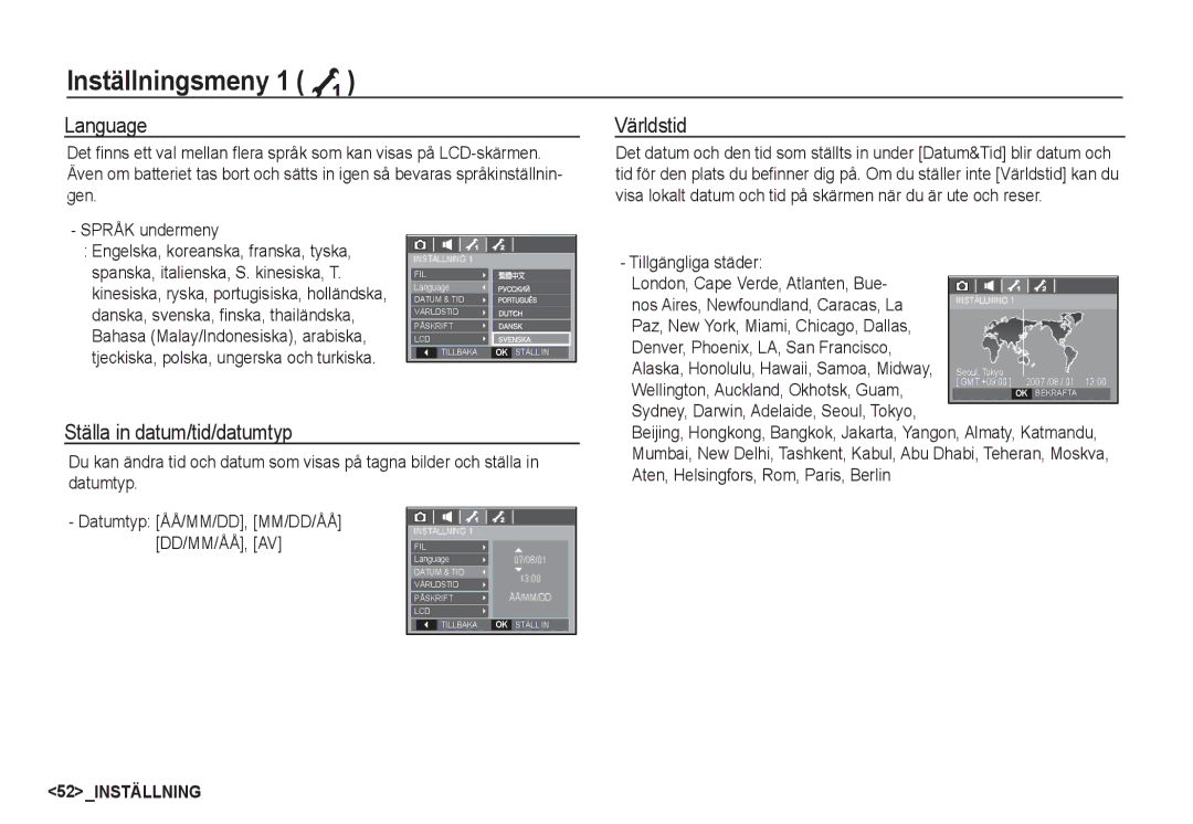 Samsung EC-S85ZZSBA/E2, EC-S85ZZBBA/E2 manual Language, Världstid, Ställa in datum/tid/datumtyp 