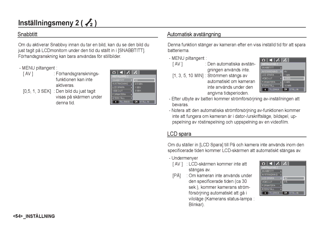 Samsung EC-S85ZZSBA/E2, EC-S85ZZBBA/E2 manual Inställningsmeny 2 Á, Snabbtitt, Automatisk avstängning, LCD spara 